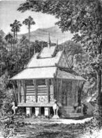 bibliotek av en pagod i laos, årgång gravyr. foto
