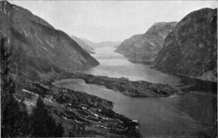 de sorfjord, del av Hard i norge, årgång gravyr. foto