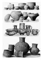 förhistorisk lera vaser, anordnad i kronologisk ordning, årgång gravyr. foto