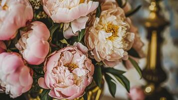 ai genererad bröllop dekoration med pioner, blommig dekor och händelse firande, pion blommor och bröllop ceremoni i de trädgård, engelsk Land stil foto