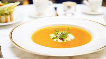 ai genererad vegetabiliska soppa i en restaurang, engelsk landsbygden utsökt kök meny, kulinariska konst mat och bra dining foto