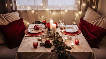 ai genererad festlig datum natt bordsbild aning, middag tabell miljö för två och jul, ny år, valentines dag dekor, engelsk Land Hem styling foto