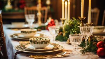 ai genererad tabell dekor, Semester bordsbild och formell middag tabell miljö för jul, högtider och händelse firande, engelsk Land dekoration och Hem styling foto
