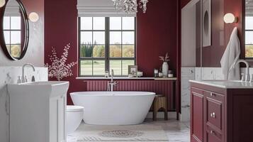ai genererad lyxig badrum med marmor detaljer och vinröd accenter, interiör design och Hem dekor foto
