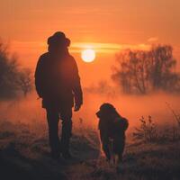 ai genererad på soluppgång, de sällskapsdjur och dess ägare dela med sig en bindning ögonblick, njuter deras fredlig morgon- promenad. foto