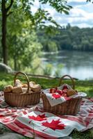 ai genererad njut av en solig, avkopplande victoria dag picknick i de parkera med familjer, vänner, picknick korgar, och kanadensisk flagga tema filtar. foto