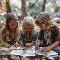 ai genererad barn lära sig handla om natur genom miljö- utbildning i en botanisk trädgård, engagerande i interaktiv träd Identifiering. foto