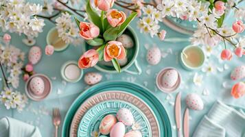 ai genererad firande av vår - vibrerande påsk brunch med tulpaner, choklad ägg, pastell dekor foto