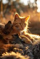 ai genererad husdjur njuter en solbelyst hörn tillsammans, upplever stunder av ren glädje. foto