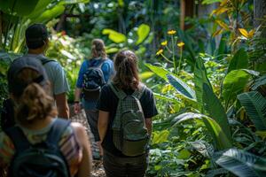 ai genererad under de interaktiv botanisk trädgård Turné, besökare kommer lära sig handla om växt mångfald i en frodig grön miljö, guidad förbi informativ tecken längs de väg. foto