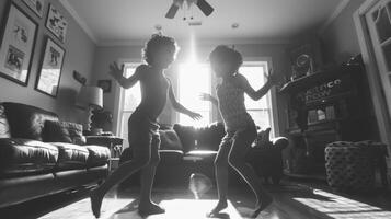 ai genererad syskon dansa konkurrens i de levande rum, livlig och roligt foto