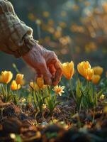 händer plantering tulpaner och påskliljor, vår trädgård värme foto