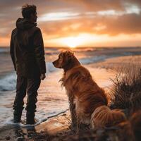 ai genererad hund och ägare utforska de strand, vårda frihet och kamratskap. foto