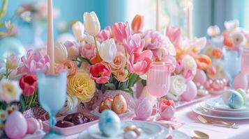 ai genererad springtime fest - påsk brunch tabell miljö med tulpaner, choklad ägg, pastell accenter foto