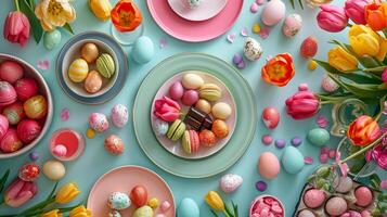 ai genererad glad påsk brunch - fångande vår väsen med tulpaner, choklad ägg, pastell dekor foto