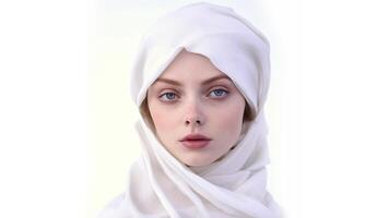 ai genererad porträtt av ung muslim kvinna i vit hijab med allvarlig uttryck. foto