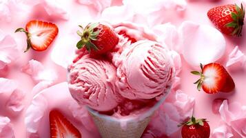 ai genererad jordgubb is grädde och färsk jordgubbar på rosa bakgrund. popsicles med färsk bär. foto