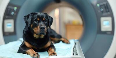 ai genererad generativ ai, hund på tabell på mri, undersökning i veterinär kirurgi sjukhus, veterinär klinik, baner med kopia Plats foto