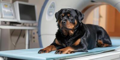 ai genererad generativ ai, hund på tabell på mri, undersökning i veterinär kirurgi sjukhus, veterinär klinik, baner med kopia Plats foto