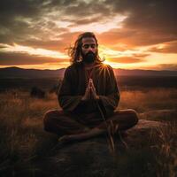 ai genererad skäggig man mediterar i lugn fält på solnedgång, omgiven förbi skön natur foto