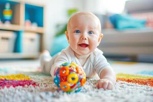 ai genererad en positiv tre månad gammal bebis lögner på hans mage och spelar med skallror. ai genererad. foto