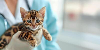 ai genererad generativ ai, veterinär är innehav i händer söt små kattunge, veterinär klinik baner med kopia Plats foto