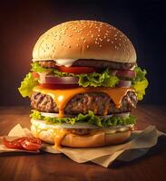 ai genererad färsk gott burger på trä- bakgrund foto
