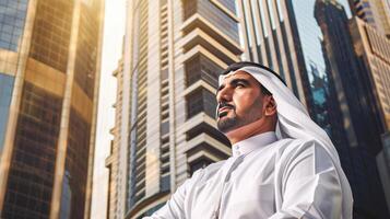 ai genererad en framgångsrik arab affärsman med ut av fokus stad byggnader i de bakgrund foto