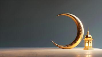 ai genererad ramadan kareem islamic hälsning bakgrund med lykta och halvmåne måne med kopia Plats område foto