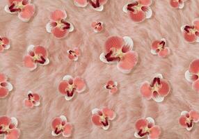 kreativ trendig mönster sammansättning tillverkad med orkide blommor på peachy rosa eller typ Rosa orange falsk päls bakgrund. romantisk estetisk vår eller sommar begrepp. minimal mode kärlek aning. foto