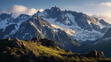 ai genererad alpina landskap med oländig bergen och moln foto