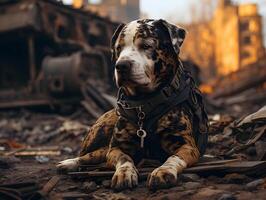 ai genererad en hund Sammanträde i de mitten av en förstörd och övergiven stad. generativ ai foto