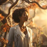 ai genererad porträtt av ett afrikansk kvinna läkare i enhetlig med afro frisyr mot en träd gren bakgrund. generativ ai foto
