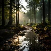 ai genererad en lugn flod i de mitten av de skog med genomträngande solljus. generativ ai foto