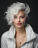ai genererad porträtt av kvinna med silver- hår. generativ ai foto