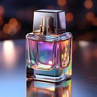 ai genererad exotisk parfym flaska design med färgrik flytande inuti på lutning bakgrund. generativ ai foto