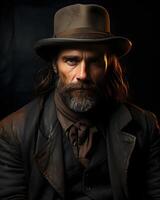 ai genererad porträtt av en skäggig gammal cowboy bär en hatt mot en mörk bakgrund. vild Västra man. generativ ai foto