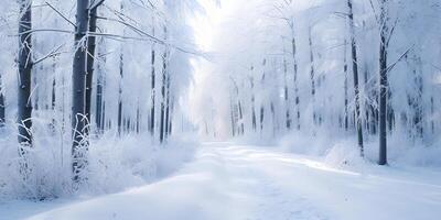 ai genererad snöig skog med väg. vinter- landskap. fe- berättelse illustration. generativ ai foto