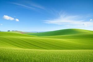 ai genererad fängslande landskap ställer ut en grönskande backe omslaget i rik grön gräs, under en expansiv tak av blå himmel och delikat moln foto