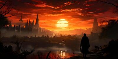 ai genererad en man står och stirrar på en slott på solnedgång. generativ ai foto