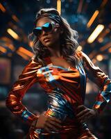 ai genererad kvinna dans på skede bär färgrik holografiska krom klänning i trogen retro mode stil. 80s mode stil. generativ ai foto