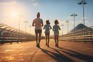 ai genererad Lycklig familj joggning tillsammans i de morgon. familj löpning utomhus. generativ ai foto