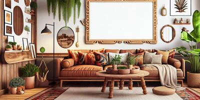 eleganta scandinavian levande rum med design mynta soffa, möbler, falsk upp affisch Karta, växter och elegant personlig Tillbehör. modern Hem dekor. ljus och solig rum. generativ ai illustration. foto