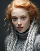 ai genererad porträtt av kvinna med ombre vit och röd hår stil. generativ ai foto