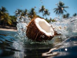 ai genererad knäckt kokos falls från träd in i de hav med en stänk av vatten. generativ ai foto