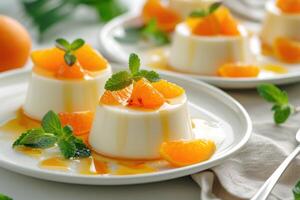 ai genererad snygghet fröjder, panna cotta med knäppt orange sås. generativ ai foto