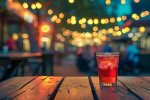 ai genererad cocktail på trä- tabell på en natt bar terrass med suddig ljus. generativ ai foto