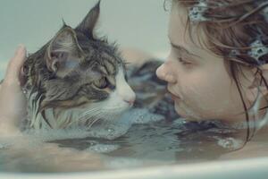 ai genererad fluffig våt katt och flicka i de badrum. flicka tvättar henne sällskapsdjur i en badkar. generativ ai foto