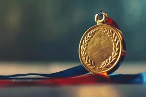 ai genererad tom gyllene medalj. trofén tilldela. symbol av triumf och ledarskap. generativ ai foto