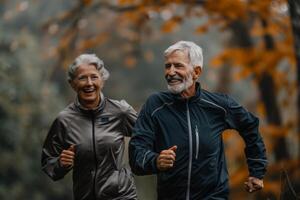 ai genererad senior par joggning i de parkera. löpning i parkera i de morgon. generativ ai foto